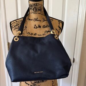Michael Kors Black Pebbled Leather Shoulder Tote with Gold Rings